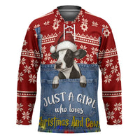 Just A Girl Who Loves Christmas And Cows Christmas Hockey Jersey Funny Xmas Holiday Patterns - Wonder Print Shop