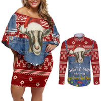 Just A Girl Who Loves Christmas And Goats Ugly Christma Couples Matching Off Shoulder Short Dress and Long Sleeve Button Shirt Funny Xmas Holiday Patterns - Wonder Print Shop