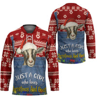 Just A Girl Who Loves Christmas And Goats Ugly Christma Hockey Jersey Funny Xmas Holiday Patterns - Wonder Print Shop