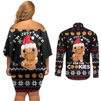 Just Here For The Cookies Christmas Couples Matching Off Shoulder Short Dress and Long Sleeve Button Shirt Funny Xmas Holiday Patterns - Wonder Print Shop