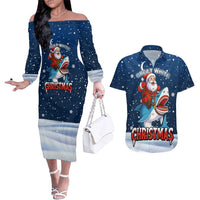 Great White Christmas Shark Christmas Couples Matching Off The Shoulder Long Sleeve Dress and Hawaiian Shirt Funny Xmas Holiday Patterns - Wonder Print Shop