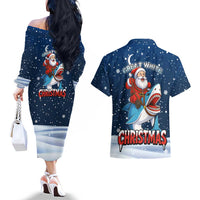 Great White Christmas Shark Christmas Couples Matching Off The Shoulder Long Sleeve Dress and Hawaiian Shirt Funny Xmas Holiday Patterns - Wonder Print Shop