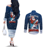 Great White Christmas Shark Christmas Couples Matching Off The Shoulder Long Sleeve Dress and Long Sleeve Button Shirt Funny Xmas Holiday Patterns - Wonder Print Shop