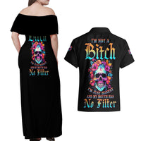 I'm Not A B I'm Just Honest Skull Roses Colorful Couples Matching Off Shoulder Maxi Dress and Hawaiian Shirt - Wonder Print Shop