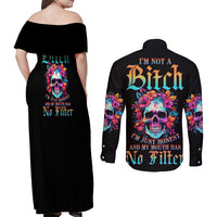 I'm Not A B I'm Just Honest Skull Roses Colorful Couples Matching Off Shoulder Maxi Dress and Long Sleeve Button Shirt - Wonder Print Shop