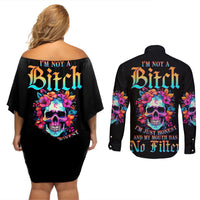 I'm Not A B I'm Just Honest Skull Roses Colorful Couples Matching Off Shoulder Short Dress and Long Sleeve Button Shirt - Wonder Print Shop