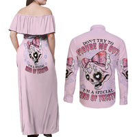 Don't Try To Figure Me Out Couples Matching Off Shoulder Maxi Dress and Long Sleeve Button Shirt - Wonder Print Shop