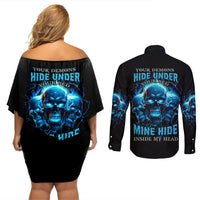 Your Demons Hide Under Your Bed Couples Matching Off Shoulder Short Dress and Long Sleeve Button Shirt - Wonder Print Shop