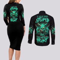 I Can Fix Stupid But It's Gonna Hurt Couples Matching Long Sleeve Bodycon Dress and Long Sleeve Button Shirt - Wonder Print Shop
