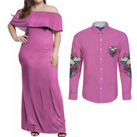 Stuck Between Idk Idc And IDGAF Pink Couples Matching Off Shoulder Maxi Dress and Long Sleeve Button Shirt - Wonder Print Shop