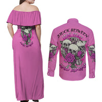 Stuck Between Idk Idc And IDGAF Pink Couples Matching Off Shoulder Maxi Dress and Long Sleeve Button Shirt - Wonder Print Shop