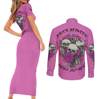 Stuck Between Idk Idc And IDGAF Pink Couples Matching Short Sleeve Bodycon Dress and Long Sleeve Button Shirt - Wonder Print Shop