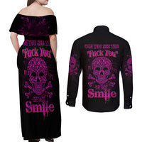 Can You See The F You Skull Rose Couples Matching Off Shoulder Maxi Dress and Long Sleeve Button Shirt - Wonder Print Shop