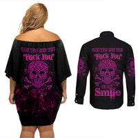 Can You See The F You Skull Rose Couples Matching Off Shoulder Short Dress and Long Sleeve Button Shirt - Wonder Print Shop