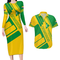 Comoros Flag Couples Matching Long Sleeve Bodycon Dress and Hawaiian Shirt with Green and Yellow Design and National Emblem