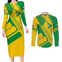 Comoros Flag Couples Matching Long Sleeve Bodycon Dress and Long Sleeve Button Shirt with Green and Yellow Design and National Emblem