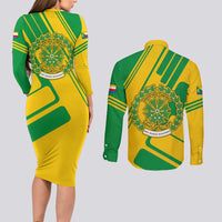 Comoros Flag Couples Matching Long Sleeve Bodycon Dress and Long Sleeve Button Shirt with Green and Yellow Design and National Emblem
