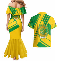 Comoros Flag Couples Matching Mermaid Dress and Hawaiian Shirt with Green and Yellow Design and National Emblem