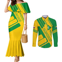 Comoros Flag Couples Matching Mermaid Dress and Long Sleeve Button Shirt with Green and Yellow Design and National Emblem