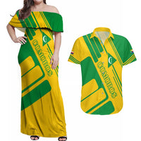 Comoros Flag Couples Matching Off Shoulder Maxi Dress and Hawaiian Shirt with Green and Yellow Design and National Emblem