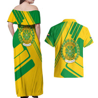 Comoros Flag Couples Matching Off Shoulder Maxi Dress and Hawaiian Shirt with Green and Yellow Design and National Emblem