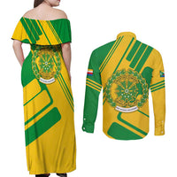Comoros Flag Couples Matching Off Shoulder Maxi Dress and Long Sleeve Button Shirt with Green and Yellow Design and National Emblem