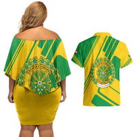 Comoros Flag Couples Matching Off Shoulder Short Dress and Hawaiian Shirt with Green and Yellow Design and National Emblem
