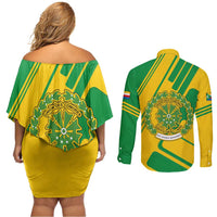 Comoros Flag Couples Matching Off Shoulder Short Dress and Long Sleeve Button Shirt with Green and Yellow Design and National Emblem