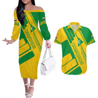 Comoros Flag Couples Matching Off The Shoulder Long Sleeve Dress and Hawaiian Shirt with Green and Yellow Design and National Emblem