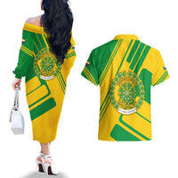 Comoros Flag Couples Matching Off The Shoulder Long Sleeve Dress and Hawaiian Shirt with Green and Yellow Design and National Emblem