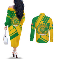 Comoros Flag Couples Matching Off The Shoulder Long Sleeve Dress and Long Sleeve Button Shirt with Green and Yellow Design and National Emblem