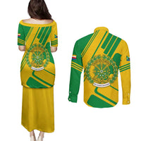 Comoros Flag Couples Matching Puletasi and Long Sleeve Button Shirt with Green and Yellow Design and National Emblem