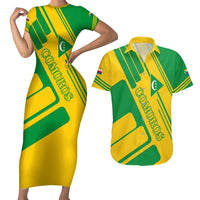 Comoros Flag Couples Matching Short Sleeve Bodycon Dress and Hawaiian Shirt with Green and Yellow Design and National Emblem