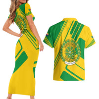 Comoros Flag Couples Matching Short Sleeve Bodycon Dress and Hawaiian Shirt with Green and Yellow Design and National Emblem