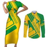 Comoros Flag Couples Matching Short Sleeve Bodycon Dress and Long Sleeve Button Shirt with Green and Yellow Design and National Emblem