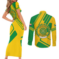 Comoros Flag Couples Matching Short Sleeve Bodycon Dress and Long Sleeve Button Shirt with Green and Yellow Design and National Emblem