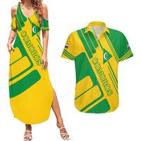 Comoros Flag Couples Matching Summer Maxi Dress and Hawaiian Shirt with Green and Yellow Design and National Emblem