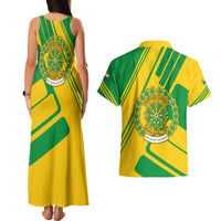 Comoros Flag Couples Matching Tank Maxi Dress and Hawaiian Shirt with Green and Yellow Design and National Emblem