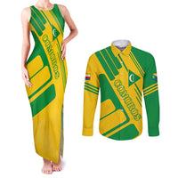 Comoros Flag Couples Matching Tank Maxi Dress and Long Sleeve Button Shirt with Green and Yellow Design and National Emblem