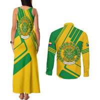 Comoros Flag Couples Matching Tank Maxi Dress and Long Sleeve Button Shirt with Green and Yellow Design and National Emblem
