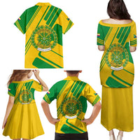 Comoros Flag Family Matching Puletasi and Hawaiian Shirt with Green and Yellow Design and National Emblem