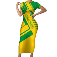 Comoros Flag Family Matching Short Sleeve Bodycon Dress and Hawaiian Shirt with Green and Yellow Design and National Emblem