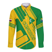 Comoros Flag Long Sleeve Button Shirt with Green and Yellow Design and National Emblem