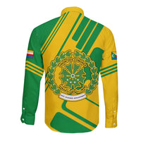 Comoros Flag Long Sleeve Button Shirt with Green and Yellow Design and National Emblem