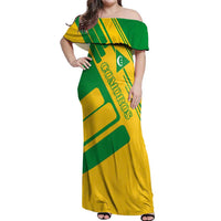 Comoros Flag Off Shoulder Maxi Dress with Green and Yellow Design and National Emblem