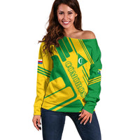 Comoros Flag Off Shoulder Sweater with Green and Yellow Design and National Emblem