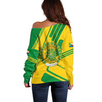 Comoros Flag Off Shoulder Sweater with Green and Yellow Design and National Emblem