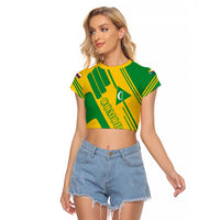 Comoros Flag Raglan Cropped T Shirt with Green and Yellow Design and National Emblem