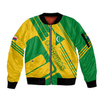 Comoros Flag Sleeve Zip Bomber Jacket with Green and Yellow Design and National Emblem