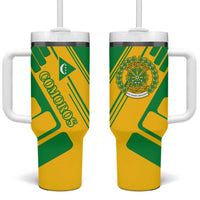 Comoros Flag Tumbler With Handle with Green and Yellow Design and National Emblem